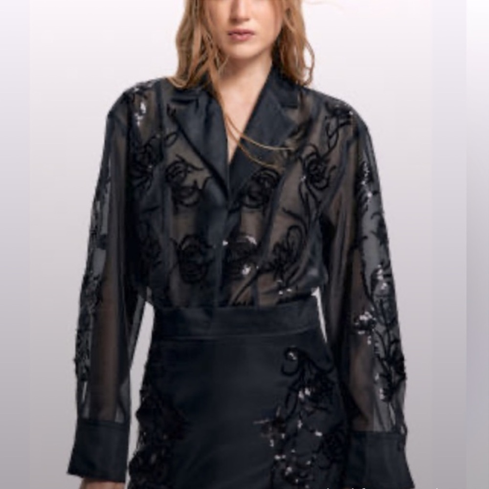 H&M Edition black sequined organza button down shirt in black NWT